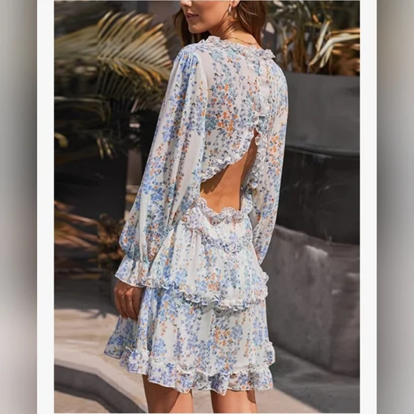 Sold In Live Show- Floral Blue and White Ruffle V' Neck Women's Backless Dress - Picture 4 of 5